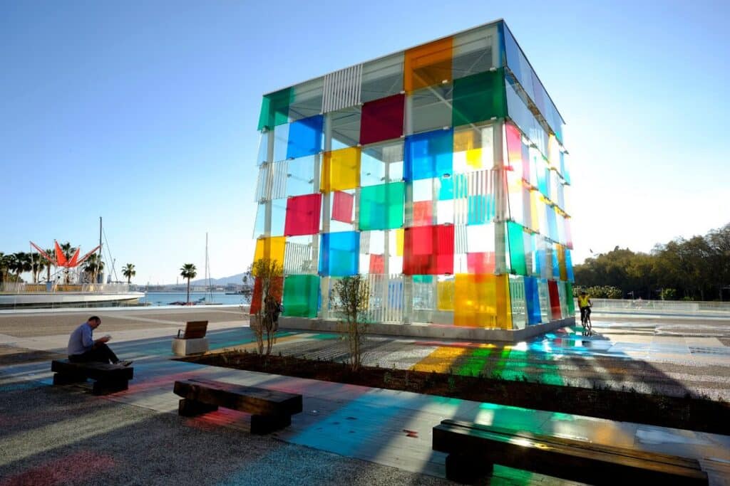 The colourful glass cube at the entrance of Centre Pompidou Malaga