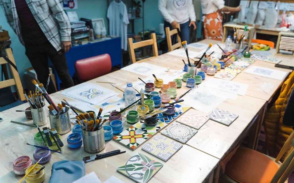 A tile painting workshop at the Boiler Studio