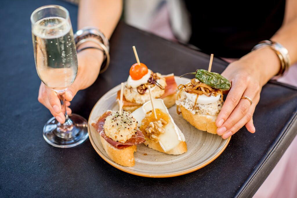 Pintxos, traditional small bites found in northern Spain